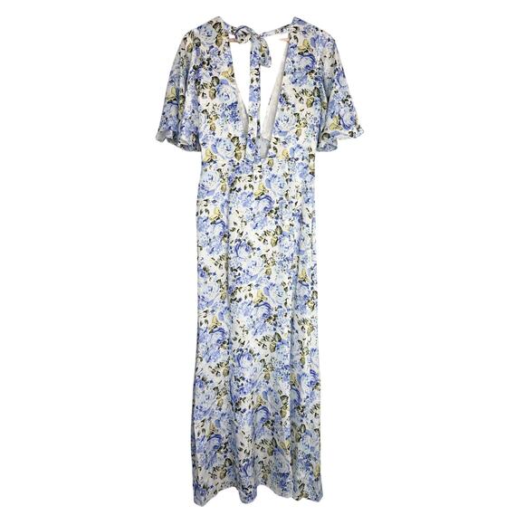 Les Reveries Silk Deep Neck Flutter Sleeve Midi Maxi Dress | Blue Floral | SZ 4 - Picture 5 of 11